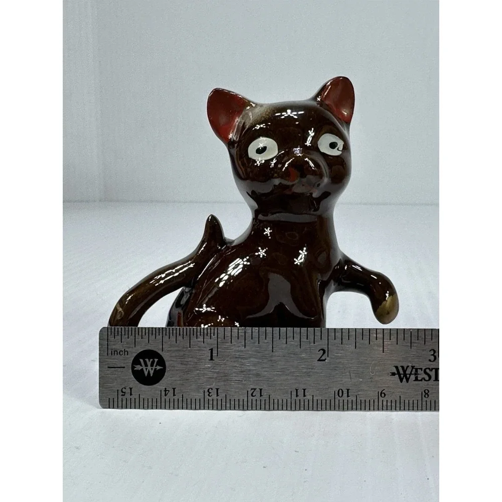Vintage Redware Japan Kitten Cat Figurine Red Ears Brown Glazed Trinket MCM